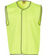 A hi-vis safety vest in bright yellow with grey trim, featuring a sleeveless design and a logo.