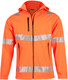 A bright orange hooded softshell jacket featuring reflective strips and a logo. Suitable for workwear and visibility.