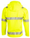 A bright yellow hooded softshell jacket featuring reflective 3M tape, designed for visibility in workwear.