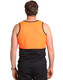 A safety singlet featuring a bright orange upper section and black lower portion, with a logo displayed.