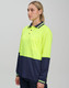 Hi-Vis long-sleeve safety polo in bright yellow with navy blue accents and a pocket, featuring a logo.