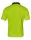 A bright yellow high-visibility polo shirt with a navy collar, featuring a logo on the back.