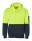 A high-visibility two-tone hoodie featuring a bright yellow upper and navy blue lower section, with a kangaroo pocket.