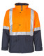 A hi-vis two-tone rainproof quilted safety jacket featuring bright orange and navy blue colours, with reflective 3M tapes.