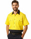 A short-sleeved, two-tone cotton work shirt in bright yellow and navy, featuring a logo and two chest pockets.