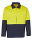 A Hi-Vis two-tone work jacket in fluorescent yellow and navy, featuring a front zipper and pockets.