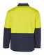 A Hi-Vis two-tone work jacket in bright yellow and navy blue, featuring a logo on the back.