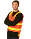 A high-visibility orange safety vest with reflective yellow stripes, worn by a smiling man.