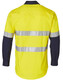 A high-visibility cotton drill shirt in fluorescent yellow with reflective 3M tape and navy sleeves. Features a branded logo.