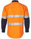 An orange and navy cotton drill shirt featuring reflective 3M tape, designed for workwear use. Includes a logo.