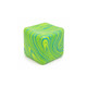 A colourful squishy cube featuring a blend of green and blue swirls, designed for stress relief.