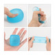 A squishy stress relief cube in various blue shades, displayed being squeezed and stretched in multiple hand positions.