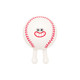 A white squishy stress relief sport ball with red stitching and a smiling face, featuring two small feet.