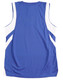 A blue basketball singlet featuring white detailing and a logo on the back.