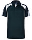 A black and white kid's polo shirt featuring a collar and a logo on the chest area.