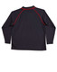 A black long-sleeve polo shirt featuring red piping and a logo on the back.