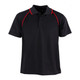 A black polo shirt with red accents and a collar, featuring a logo on the chest.