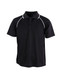 A black polo shirt with white piping and a collar, featuring a logo on the chest.