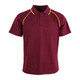 A maroon polo shirt with yellow accent detailing and a branding logo on the front.