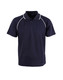 A black polo shirt with white accents and a three-button collar. It features a logo on the chest.