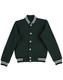 A green varsity jacket featuring a collar, striped cuffs, and a front button closure. It includes side pockets and a logo.