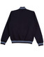 A navy blue kids' fleece varsity jacket featuring striped cuffs and collar, with a logo present.