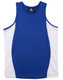 A blue and white kid's singlet featuring contrast mesh panels and a logo.