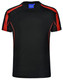 A black T-shirt with red accents and short sleeves, featuring a logo on the collar.