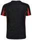A black short-sleeved T-shirt with red accents and a logo on the back.
