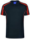 A black short-sleeve T-shirt with red accents and a logo on the neckline.