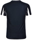 A black short-sleeved T-shirt with white accents and a logo on the back.