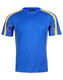 A blue short-sleeved T-shirt with yellow accents and a logo on the upper left.