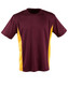 A maroon and yellow short-sleeved T-shirt with a logo on the chest. The shirt features contrasting side panels.