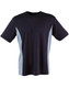A kids' short-sleeve T-shirt in navy blue with light blue contrast panels, featuring a logo.