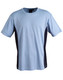 A light blue and navy short-sleeve t-shirt with a contrasting design and a small logo.