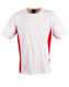 A short-sleeved t-shirt in white with red contrast sides. It features a logo on the collar area.