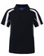 A black kids' polo shirt with white accents and a collar, featuring a logo on the front.
