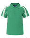 A green kids' short-sleeve polo shirt with white accents and a collar, featuring a logo on the chest.