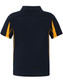 A navy blue polo shirt with yellow accents, featuring a collar and short sleeves. It has a logo displayed.