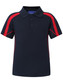A kids' short-sleeve polo shirt in navy with red accents and a collar, featuring a small logo.