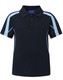 A navy blue kids' polo shirt featuring light blue stripes and a collar, with a logo on the chest.