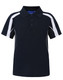 A navy blue kids' polo shirt with white detailing and a logo, featuring a classic collar and button placket.