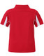 A red polo shirt with white side accents and a collar, featuring a logo on the back.