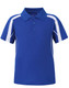 A blue kids' polo shirt with white side panels and a collar, featuring a logo on the chest area.