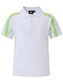 A short-sleeved white polo shirt with green accents and a collar, featuring a logo on the front.