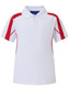 A white polo shirt featuring red side panels and a collar, with a logo on the chest.
