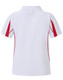 A kids' short-sleeved polo shirt in white with red side accents and a collar, featuring a logo.
