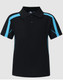 A black polo shirt with blue side stripes, featuring a collar and buttons, and a logo on the chest.