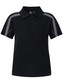 A black kids' polo shirt featuring grey accents and a collar, with a logo on the chest area.