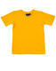 A bright yellow kids' t-shirt with short sleeves and a round neckline. It features a logo on the label.